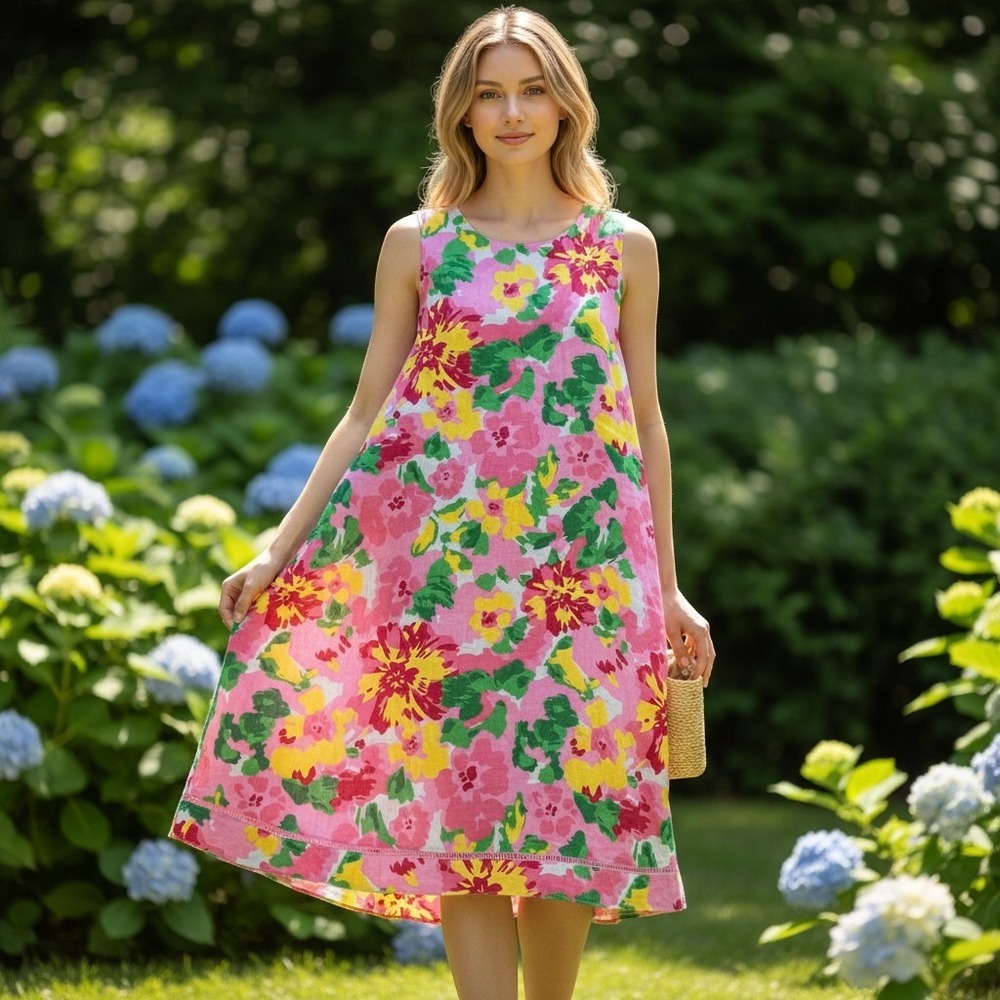 Charter Club Maxi Dress Womens 2X Pink Linen Floral Sleeveless A-Line Casual New